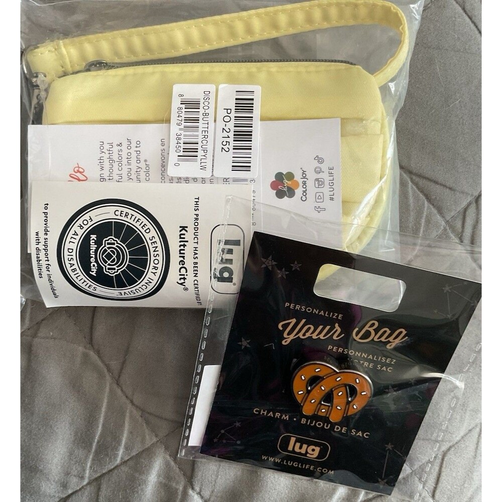 NIP Lug Novelty Bag Enamel Charm – Pretzel & Disco Pouch Buttercup Yellow